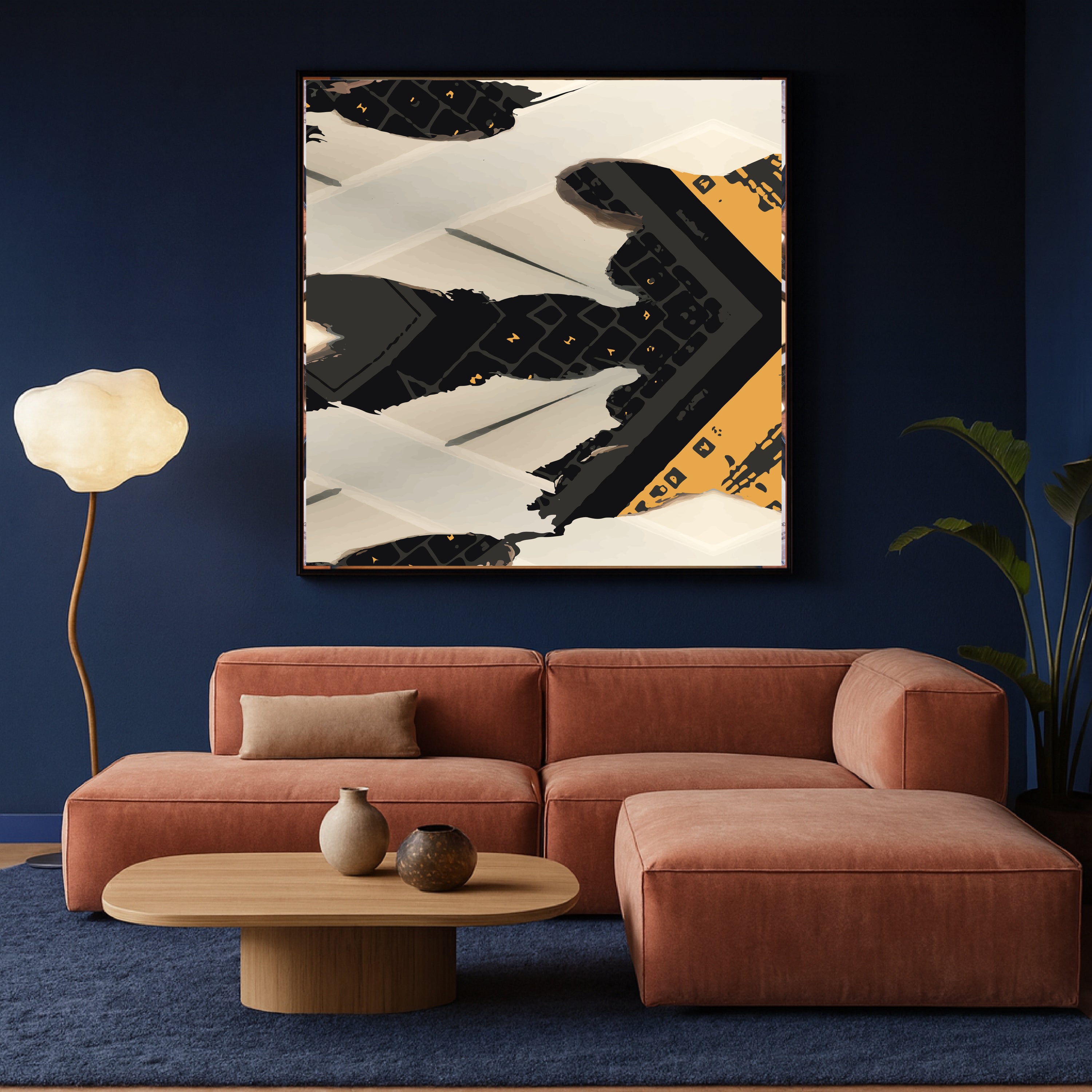 Modern living room with a pink sectional sofa, abstract art, and a lamp. Modern living room with abstract art, beige sofa, and wooden coffee table. “Abstract artwork featuring fragmented black and ochre keyboard pieces arranged in angular geometric symmetry on a soft beige architectural background, part of the Keyboard Archaeologies series.”