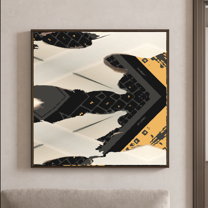 Abstract art piece with geometric shapes in black, white, and gold on a wall. Modern living room with abstract art, beige sofa, and wooden coffee table. “Abstract artwork featuring fragmented black and ochre keyboard pieces arranged in angular geometric symmetry on a soft beige architectural background, part of the Keyboard Archaeologies series.”