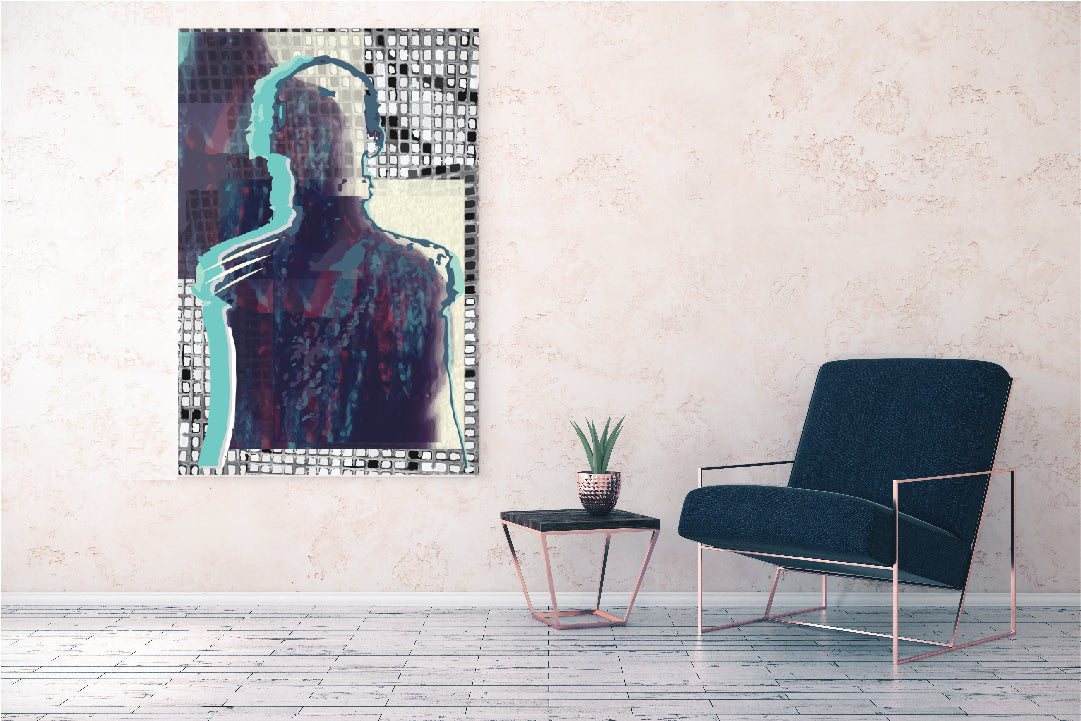 Modern interior with a blue chair, small table, and abstract artwork on a white wall.