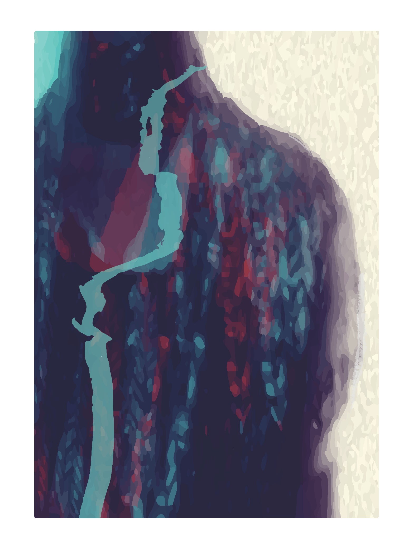Colorful abstract painting with a figure silhouette on a white background. Modern abstract figure artwork in teal and indigo tones 
