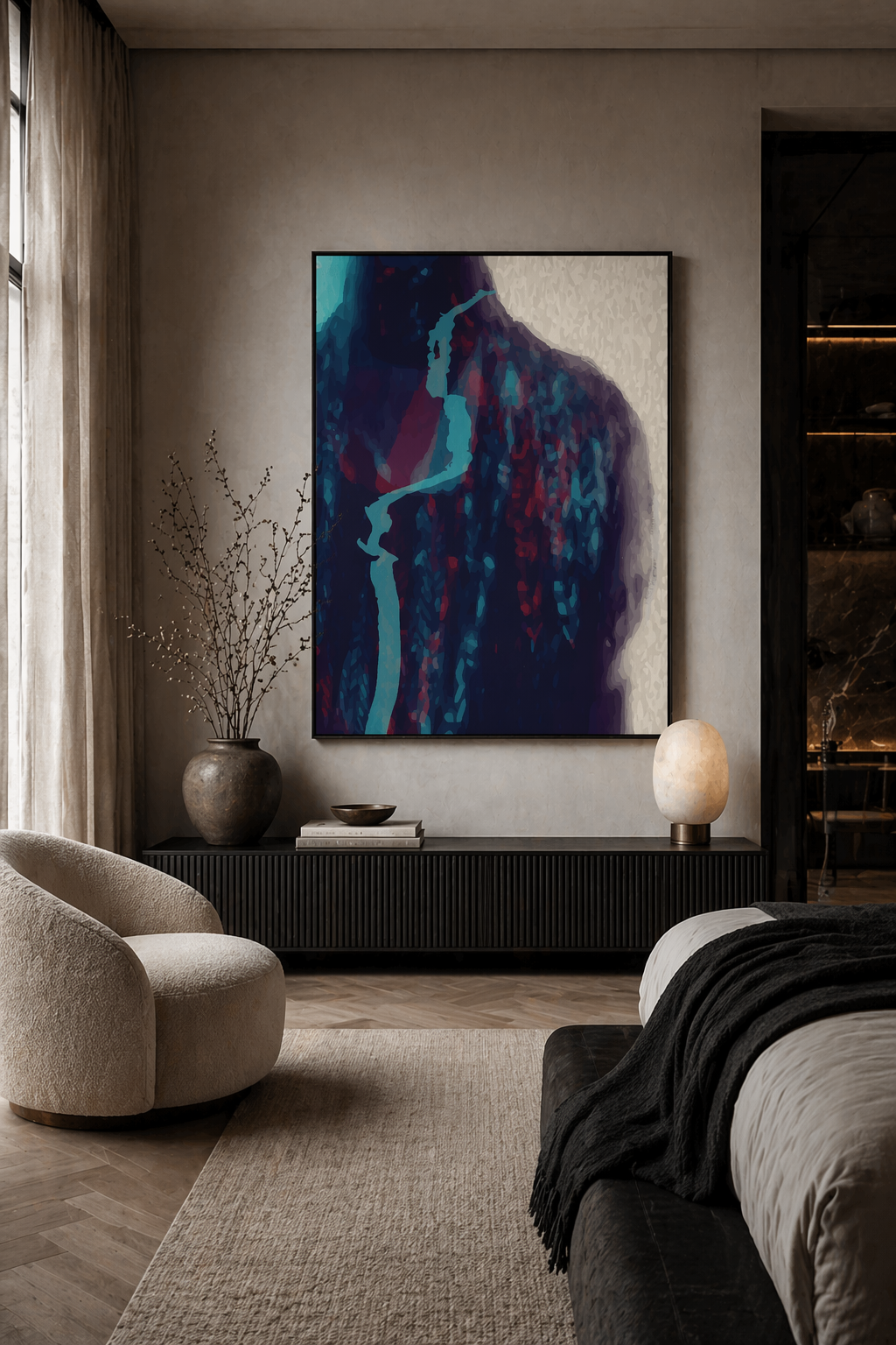 Modern abstract figure artwork in teal and indigo tones styled in a warm neutral bedroom with textured walls and contemporary furniture
