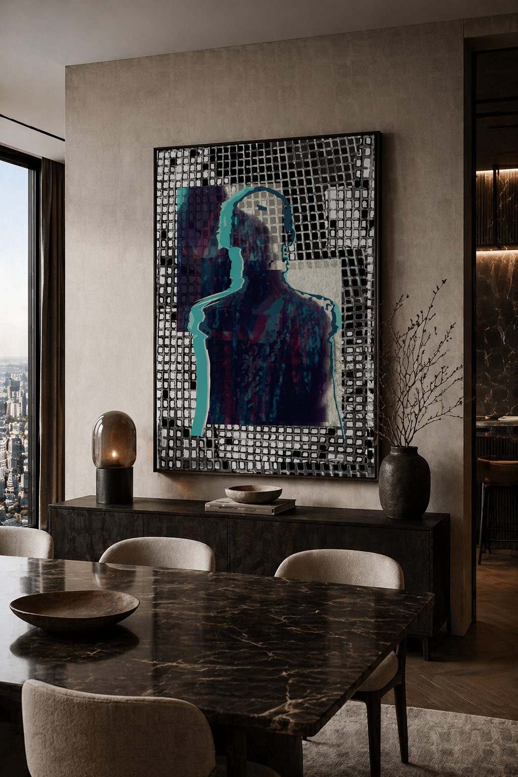 Large abstract figure artwork in teal and indigo tones displayed in a luxury apartment with city skyline views and modern interior design. Dining room with a large abstract painting on the wall, marble table, and chairs.