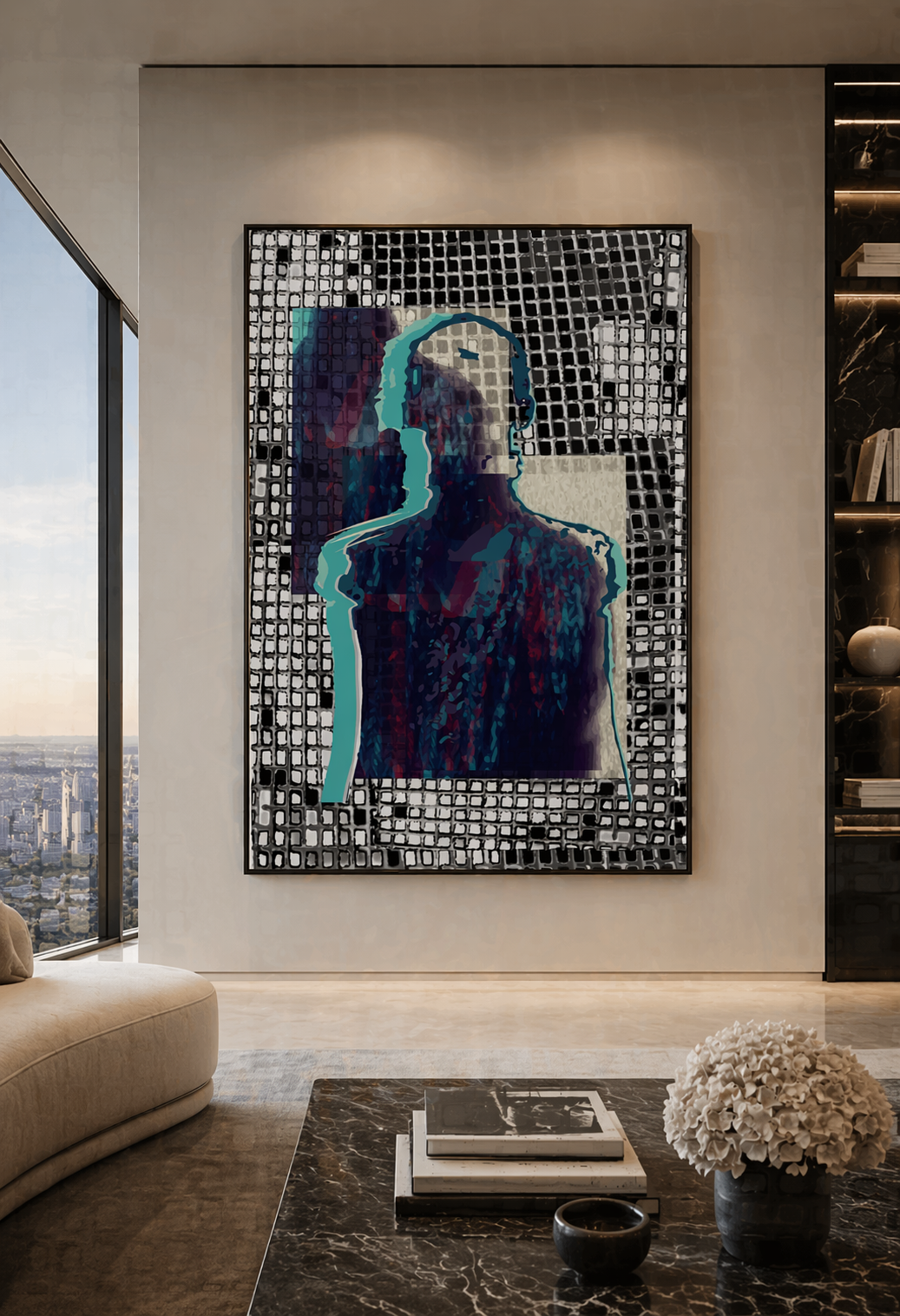 Contemporary abstract figure wall art in deep indigo and teal tones styled in a warm neutral bedroom with textured walls and soft lighting