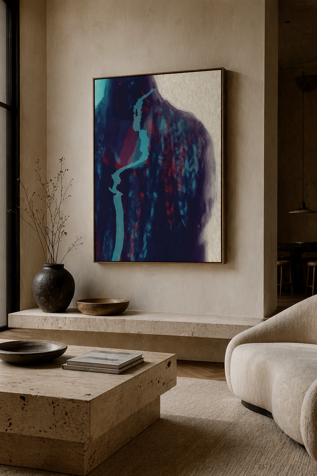 Large abstract figure wall art in teal and deep indigo tones displayed in a luxury travertine living room with neutral textures and modern furniture